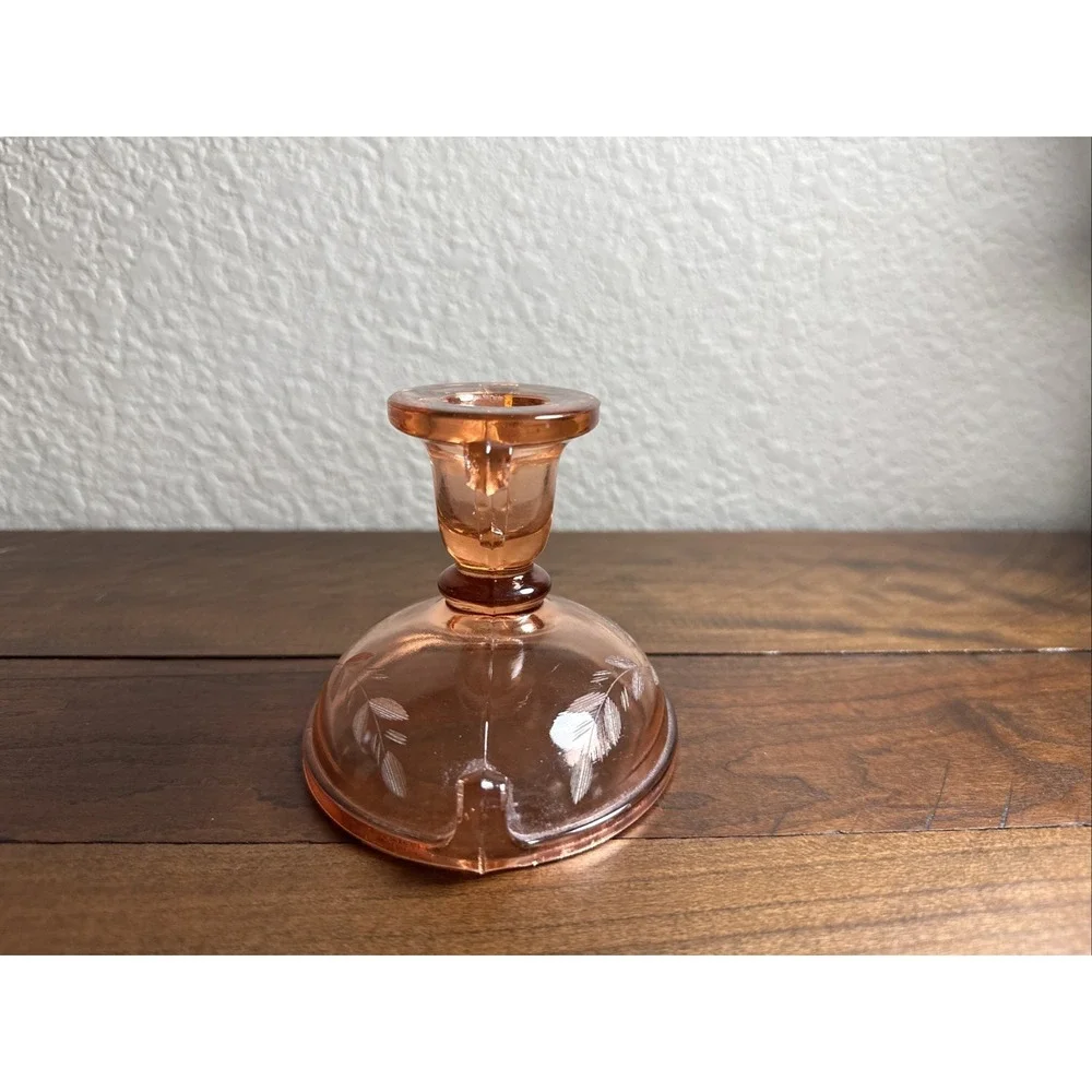 Vintage 1920s imperial glass double scroll rose pink candlestick cut floral...